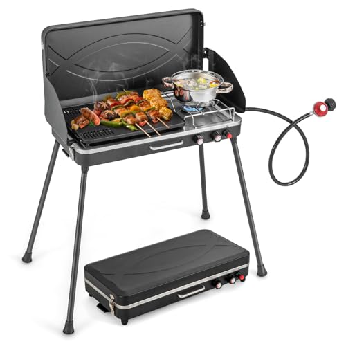Giantex Portable Propane Grill & Camping Stove, 20,000 BTU Gas Camping Grill Burner, Independent Temperature Control, 3-Si...