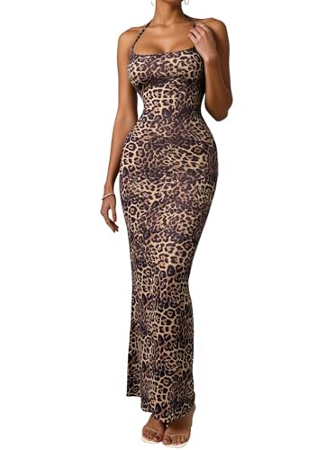 SOFIA'S CHOICE Cheetah Print Dress Leopard Halter Neck Long Tight Bodycon Spaghetti Strap Maxi Dress