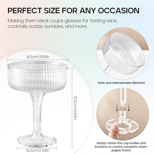 DORONAN 20 Pack Plastic Champagne Tower, 7oz Champagne Coupe Unbreakable Plastic Cocktail Glasses Acrylic Martini Glasses ...