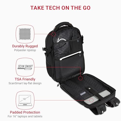 SwissGear Travel Tech Elite Laptop Backpack – Fits Laptops up to 16” – ScanSmart TSA-Friendly Backpack with USB Port, Shoe...