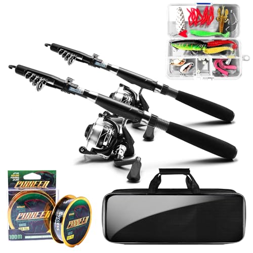 Fishing Pole and Reel Combo - 2PCS Carbon Fiber Telescopic Rods Spinning Reels Saltwater/Freshwater Kit with Lures, Line a...