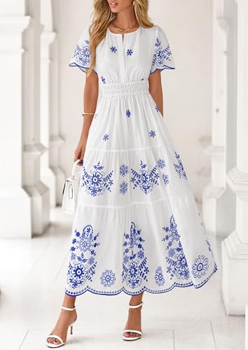PRETTYGARDEN Boho Dresses for Women 2026 Summer Spring Casual Floral Short Sleeve V Neck Maxi Elastic Waist Dress Pockets