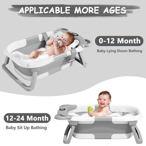 MoreFeel Collapsible Baby Bathtub for Newborn with Thermometer & 1 Hooded Towel & 1 Soft Floating Cushion,Portable Travel ...