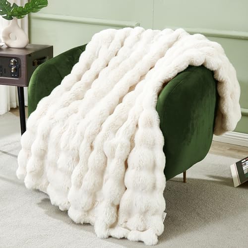 DREAMNINE Soft Faux Rabbit Fur Throw Blanket for Couch, Thick Cozy Decorative Warm Fuzzy Bubble Fur Blanket for Sofa Chair...