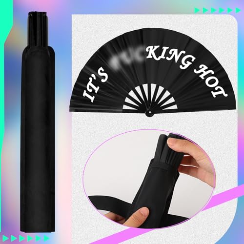 Anglechic 13" Large Folding Rave Fan with Holster for Men Women Festival Line Dancing Music Festival Party Black Decoration
