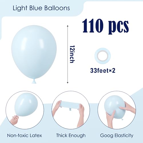 Voircoloria 110pcs Light Blue Balloons 12inch Baby Blue Latex Party Balloons for Boys Girls Birthday Party, Baby Shower, W...
