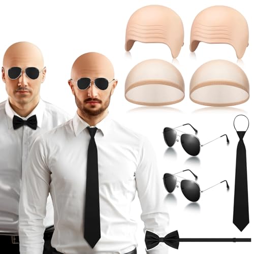 Mepase 8 Pcs Halloween Latex Bald Caps with Head Wig Caps Sunglasses Tie and Bow Tie for Adults Men Halloween Party Cospla...