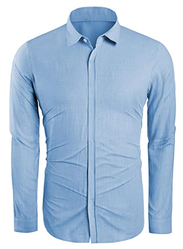 Mens Button Down Shirt Linen Cotton Shirts Casual Long Sleeve Spread Collar Lightweight Beach Plain Tops