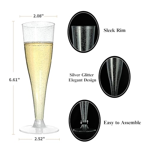 Bestluck 100 Pack Champagne Flutes Plastic, 4.5 oz Silver Glitter Plastic Disposable Stemware, Disposable Champagne Flutes...