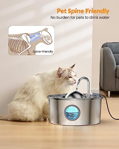 AONBOY Cat Water Fountain Stainless Steel, 108oz/3.2L Cat Fountain, Pet Water Fountain with Water Level Window, Hemispheri...