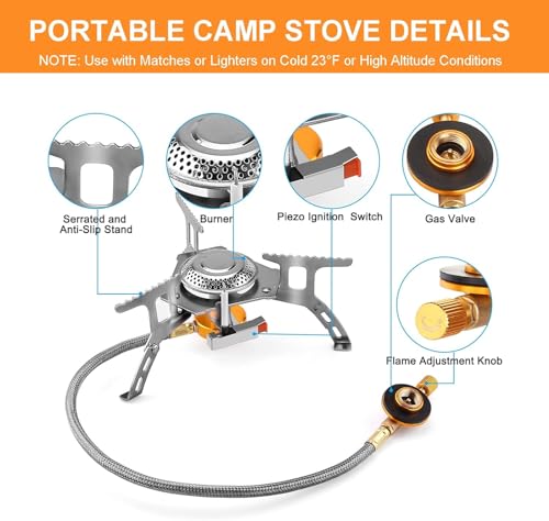 WADEO Camping Gas Stove, 3700W Portable Backpacking Stove with Piezo Ignition, Portable Burner, Camping Stove Adapter and ...