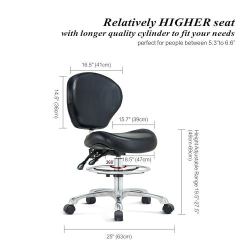 HNKastela Drafting Stool Rolling Chair with Back Support - Height Adjustable Shop Chair with Wheels for Home Office, Studio (Black)
