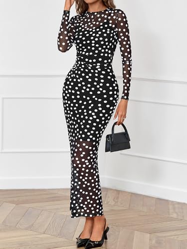 BTFBM Spring Dresses for Women 2026 2 Piece Set Long Sleeve Polka Dot Sexy Bodycon Mesh Dress and Slip Dress Wedding
