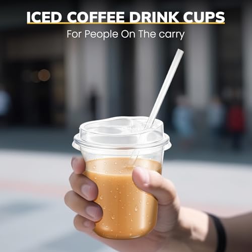 Ziliny 100 Pcs 12oz Clear Plastic Cups with Lids and Straws, Disposable Iced Coffee Drink Cups, Plastic Cup for Iced Coffe...