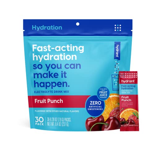 Hydrant - Hydrate Electrolyte Powder, Fruit Punch Flavor, 30 Rapid Hydration Individual Stick Packs - Low Sugar Drink Mix ...