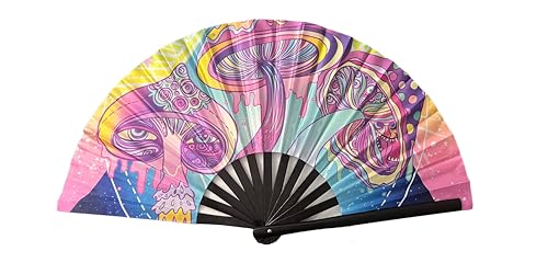 CYNMOON - Mushrooms - Large Rave Clack Folding Hand Fan for Men/Women - for EDM, Music Festival, Club, Event, Party, Danc...