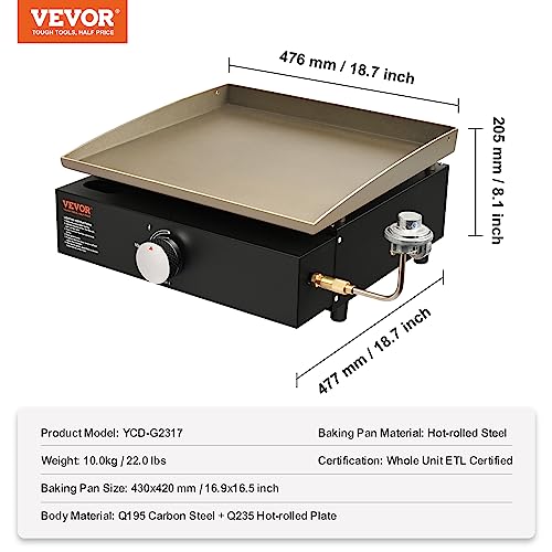 VEVOR Griddle, 16.9" Heavy Duty Manual Flat Top Griddle, Countertop Gas Grill with Non-Stick Cooking Plate, Steel Propane ...