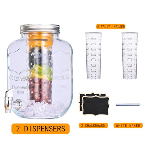 Eleganttime 1 Gallon Glass Drink Dispensers for Parties,2 Pack Beverage Dispenser with Fruit Infuser,Laundry Detergent Dis...