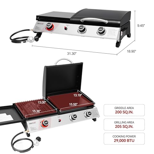 Royal Gourmet PD1305H 3 Burner Propane Gas Grill and Griddle Combo with Lid, 3-in-1 Grill Griddle Combo with 29,000 BTUs O...