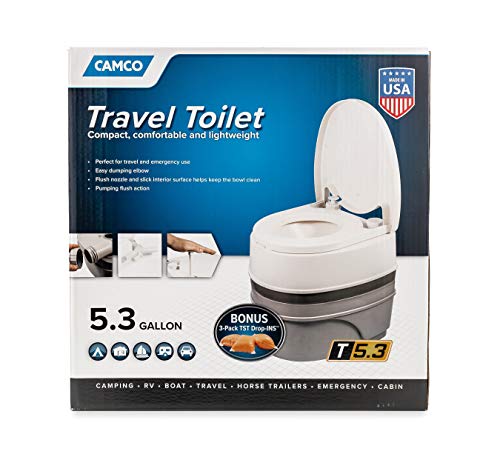 Camco Premium Portable Travel Toilet With Three Directional Flush and Swivel Dumping Elbow | Designed for Camping, RV, Boa...
