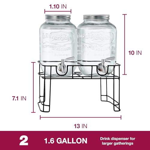 FineDine 2 Pack Glass Drink Dispenser with Stand & Stainless Steel Spigot – 1 Gallon Drink Dispensers for Parties, Glass B...