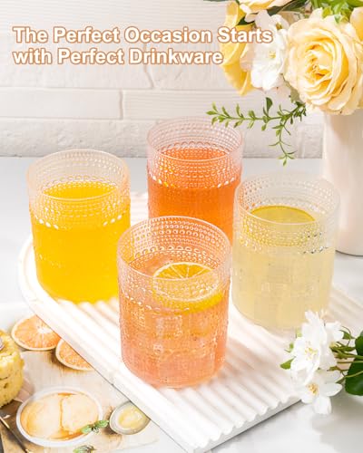 YOUBET 24PCS Plastic Hobnail Drinking Glasses - 14 Oz Clear Vintage Glasses Drinkware - Disposable Beaded Cups for Juice, ...