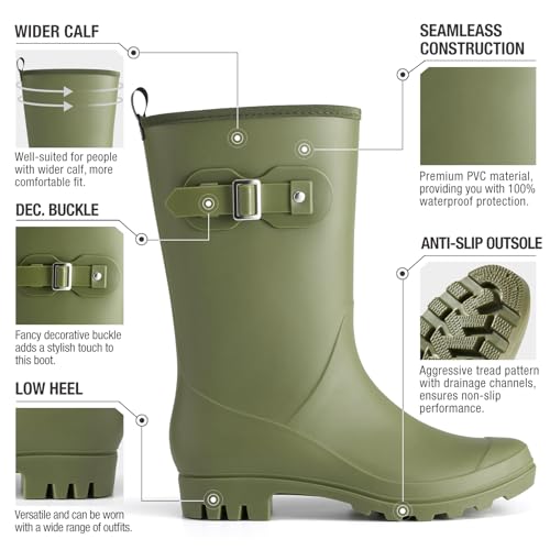HISEA Women's Waterproof Rain Boots Wide Mid Calf Comfortable Rubber Shoes Lightweight Anti-slipping Rain Footwear for Out...