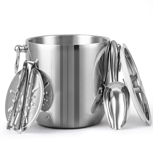 Golden Cudgel Insulated Ice Bucket, 3L Double Wall Stainless Steel Ice Bucket with Tongs,Lid, Scoop and Strainer, Ice Buck...