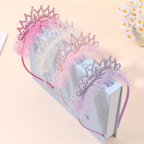 OAOLEER 4 PCS Princess Crown Headbands for Girls, Rhinestone Tulle Hairbands for Girls Toddler Tiara Crown Hair Accessorie...