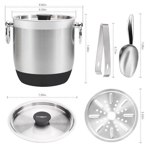 COOKSTYLE Double-Wall Stainless Steel Insulated Ice Bucket With Lid & Ice Tong [3 Liter] Included Strainer Keeps Ice Cold...