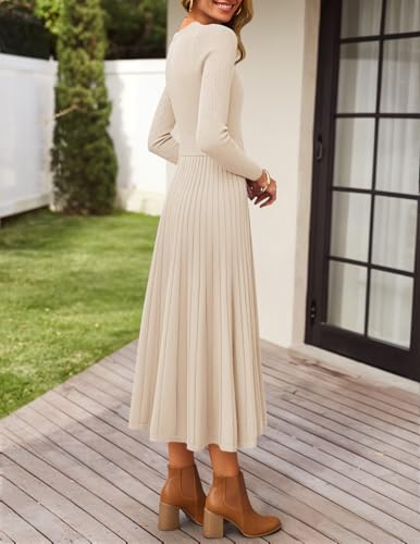 ZESICA Women's Long Sleeve Midi Sweater Dress 2026 Fall Crewneck Knit A Line Pleated Flowy Long Dresses with Belt