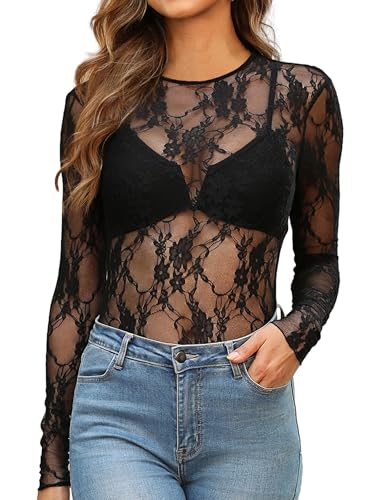 OFEEFAN Womens Mesh Tops Lace Long Sleeve Shirts Crewneck Slim Fitted Outfits See Through Blouses
