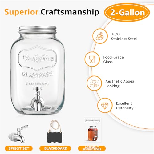 2 Gallon Glass Beverage Dispenser, 18/8 Stainless Steel Spigot and Lid - Glass Drink Dispensers for Parties - Mason Jar Dr...