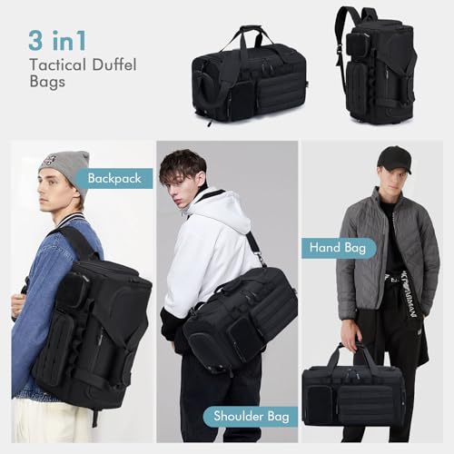 BAGZY 3 In 1 Tactical Military Travel Duffle Bag 40L with Shoe Compartment Gym Bag Backpack for Fitness Weekender Deployme...