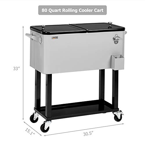 VINGLI 80 Quart Rolling Ice Chest, Portable Patio Party Bar Drink Cooler Cart, with Shelf, Beverage Pool with Bottle Opener
