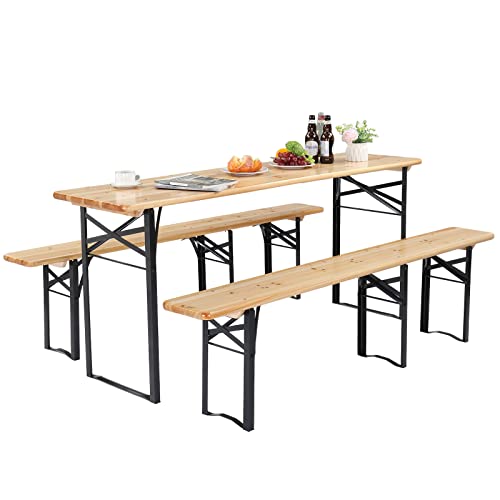 VINGLI 70 Inch Folding Picnic Tables with Benches Set, Weather-Resistant Wooden Beer Garden Table Bench, 3-Piece Portable ...