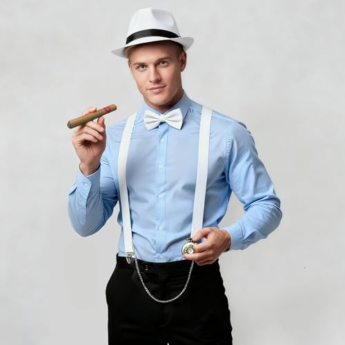BABEYOND 1920s Mens Gatsby Gangster Accessories Set Panama Hat Suspender Bow Tie
