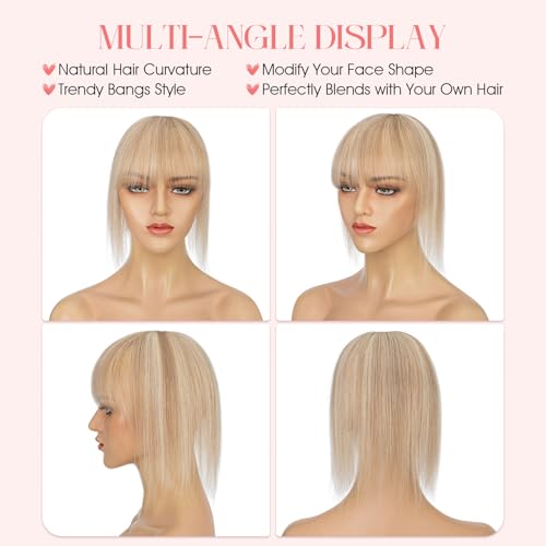 Hairro Mono Hair Toppers with Bangs, 3.4" x 3.4" Mono Base 100% Real Human Hairpieces for Women, 150% Density Clips In Topper for Greyish Thinning Hair, 14 Inch Golden Brown Mix Bleach Blonde