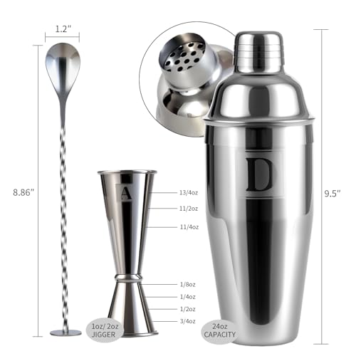 Thecosky 24oz Cocktail Shaker Set with Minimun 1/8oz Scale 1 oz 2oz Jigger - Monogramm Initials Martini Shaker Set - 304 S...