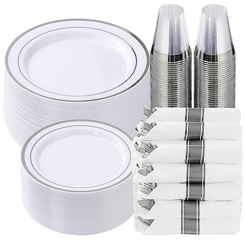 Goodluck 350 Piece Silver Plastic Dinnerware Set for 50 Guests, Fancy Disposable Plates for Party, Include: 50 Dinner Plat...