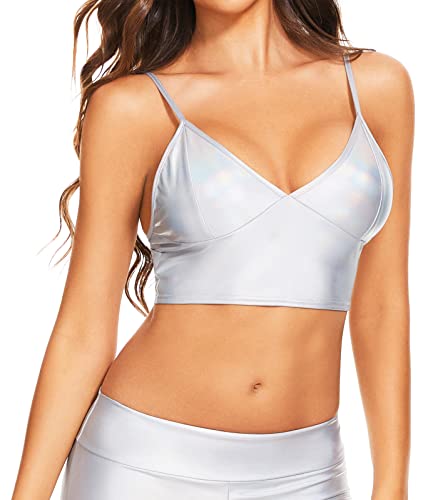 Vinaderhom Women's Metallic Crop Top Shiny Rave Bra for Dance Festivals Costumes