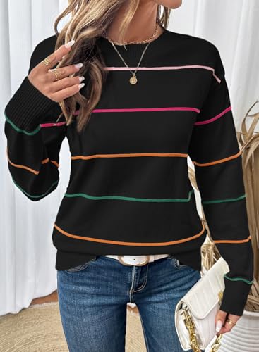 SHEWIN Womens Sweaters Crew Neck Knit Long Sleeve Striped Sweater Fall Outfits for Women 2025