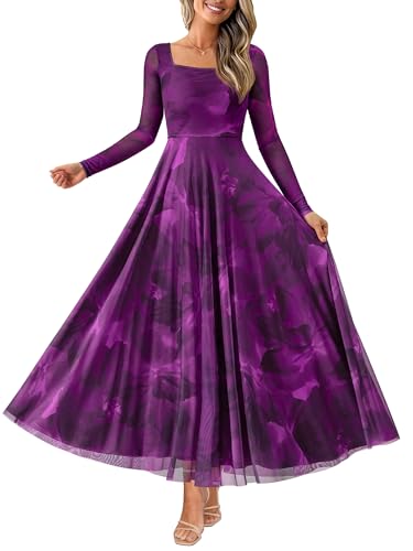 BTFBM Women Maxi Dress Spring 2026 Fashion Elegant Long Sleeve Square Neck Floral Print Party Club Wedding Guest Dresses
