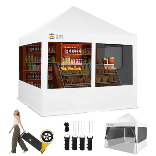 CROWN SHADES 10x10 Pop Up Canopy Tent with 4 Mosquito Netting, Instant Commercial Tent with 1-Person Setup Patended Center...