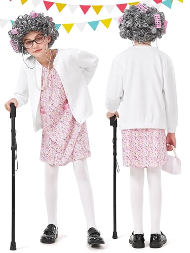 FancyFun 8 Pieces Old Lady Costume for Girls, 100 Days of School Costume for Kids Grandma Wig Granny Dress Cosplay Outifits