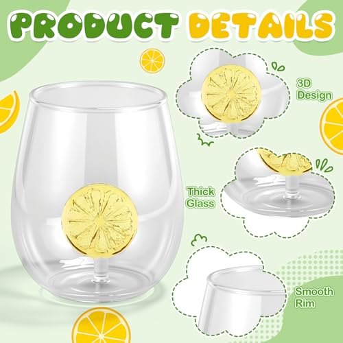 Remerry 2 Pcs Lemon Wine Glasses 12oz Yellow Lemon Slice Stemless Wine Glasses with 3D Lime Slice Figurines Inside Icon Gl...
