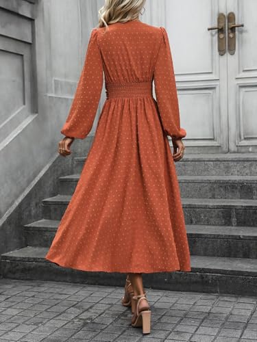 Mettclasi Women's Spring Fall Swiss Dot V Neck Maxi Dress Casual Puff Long Lantern Sleeve A-Line Flowy Dress