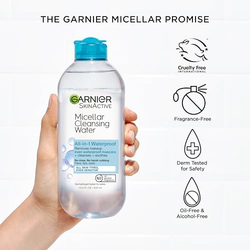 Garnier Micellar Water For Waterproof Makeup, Hydrating Facial Cleanser & Makeup Remover, Suitable for Sensitive Skin, Veg...