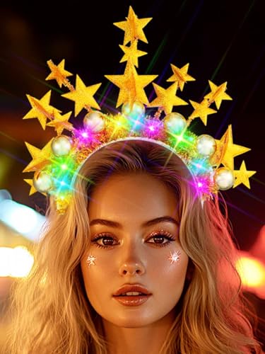 JONKY Light up Star Headband Gold Ball Hair Band Glow Rave Costume Hair Accessories for Women