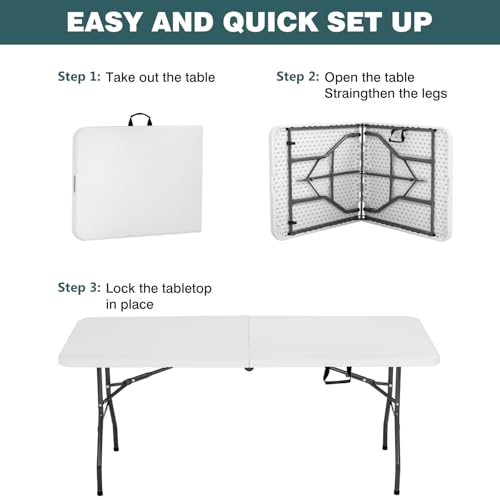 FDW 6 Foot Outdoor Dining Table, Foldable Portable Rectangular Plastic Folding Table with Built in Carrying Handle for Par...